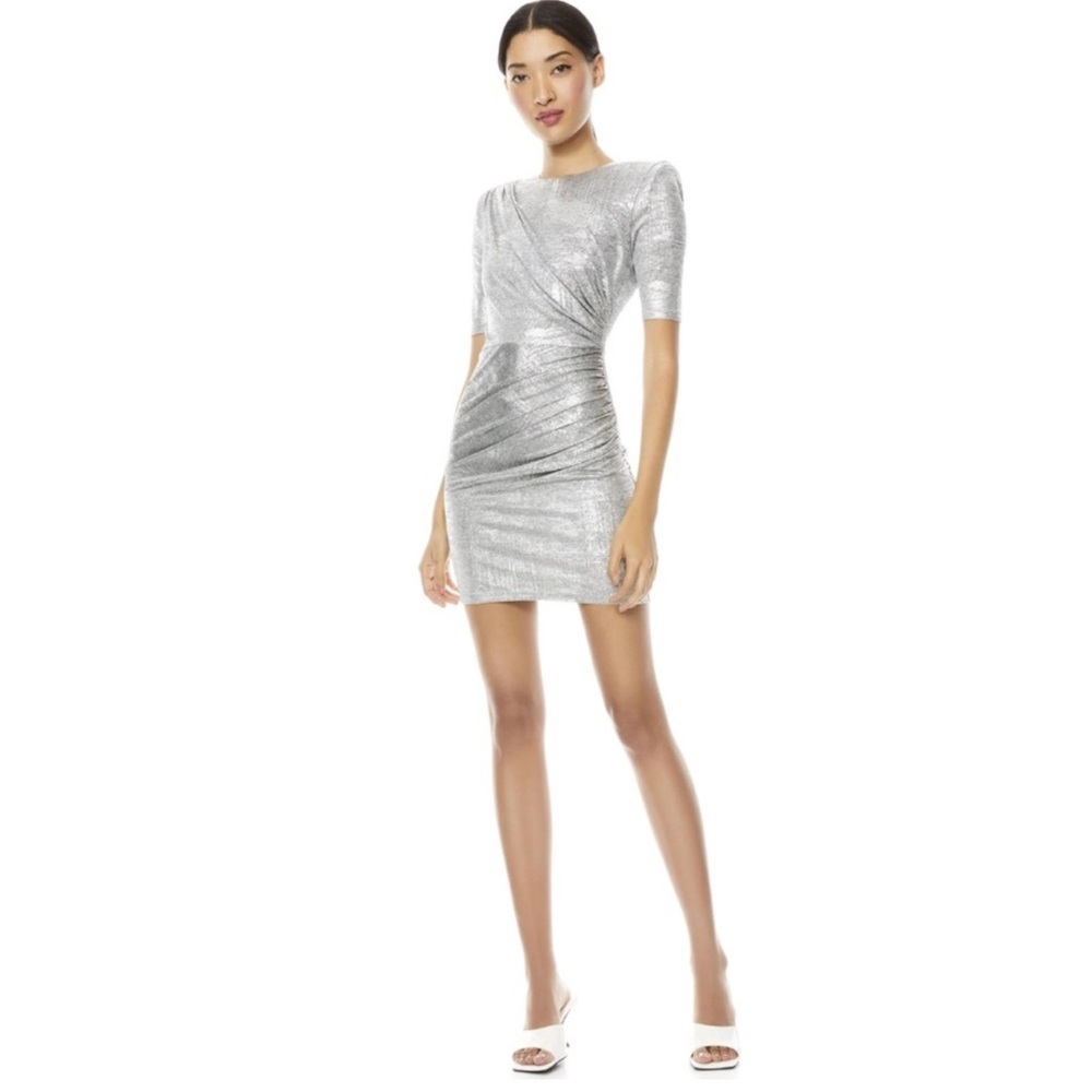 NWT Alice + Olivia Silver Ruched Mini Dress Cocktail Size 4